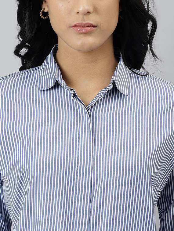 women striped collared long sleeve shirt - 22038449 -  Standard Image - 5
