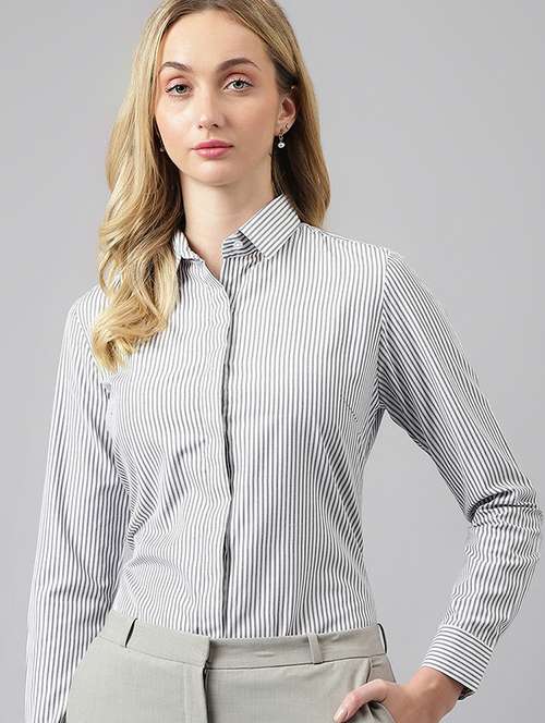 women striped collared long sleeve shirt - 22038451 -  Standard Image - 0