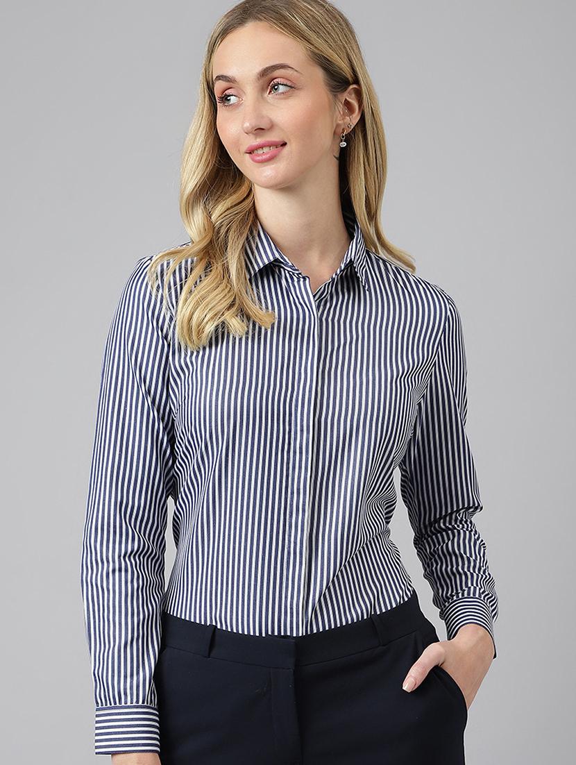women striped collared long sleeve shirt - 22038452 - Zoom Image - 0