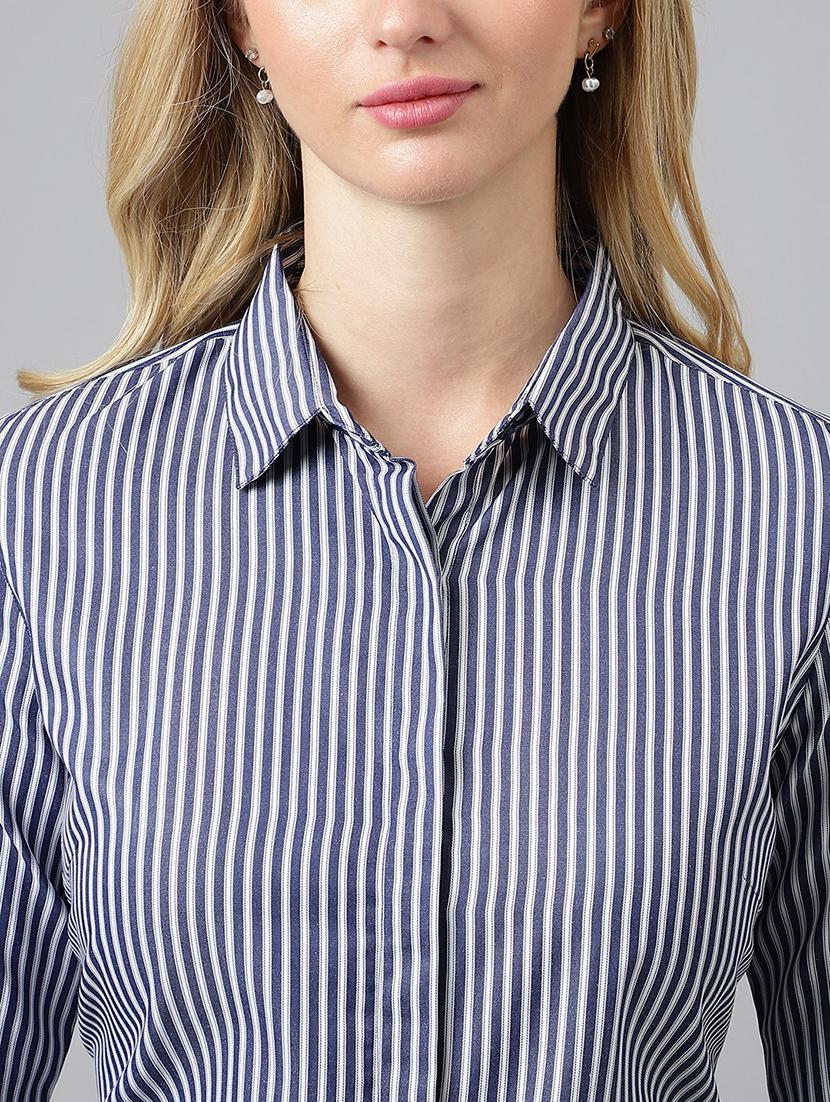 women striped collared long sleeve shirt - 22038452 - Standard Image - 3
