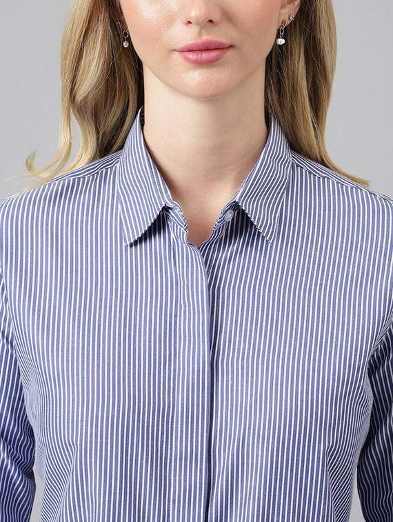 women striped collared long sleeve shirt - 22038455 -  Standard Image - 3