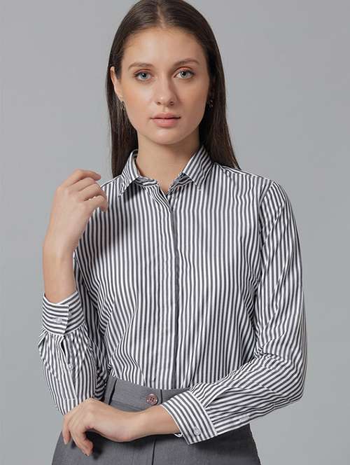 women striped collared long sleeve shirt - 22038458 -  Standard Image - 0