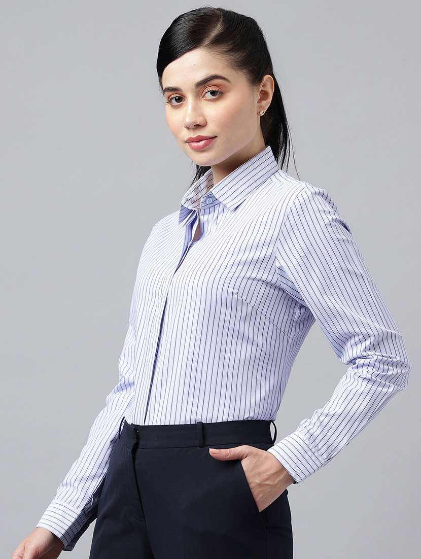 women striped collared long sleeve shirt