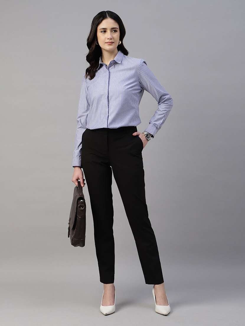 women striped collared long sleeve shirt - 22038470 -  Standard Image - 5