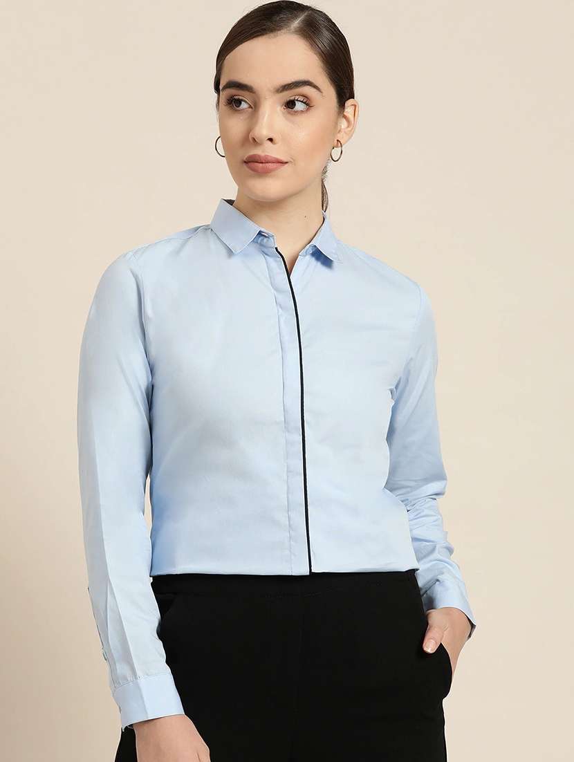 women solid collared long sleeve shirt