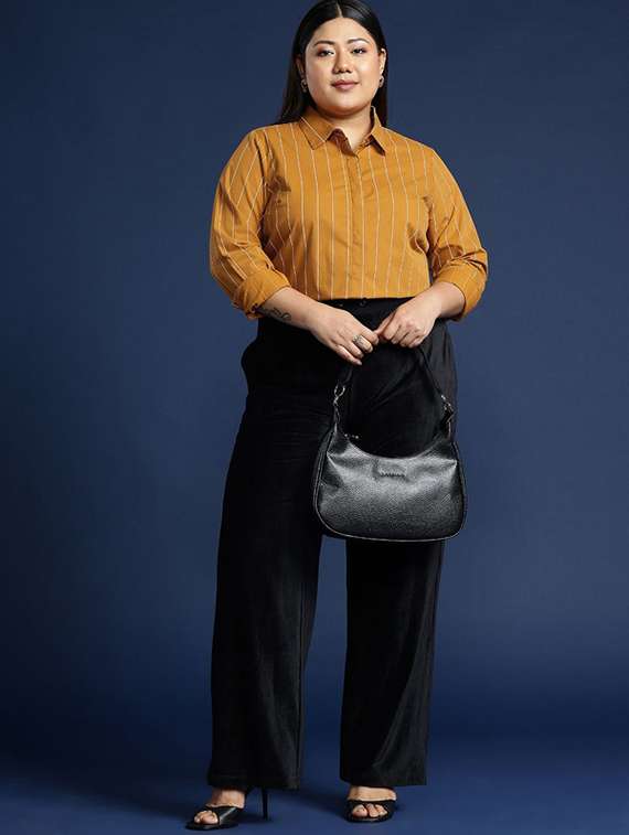 women plus size striped collared long sleeve shirt - 22038487 -  Standard Image - 3