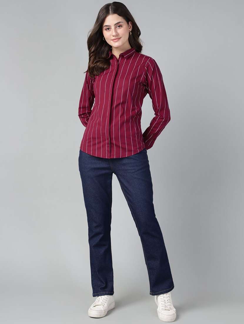 women striped collared long sleeve shirt - 22038489 -  Standard Image - 3