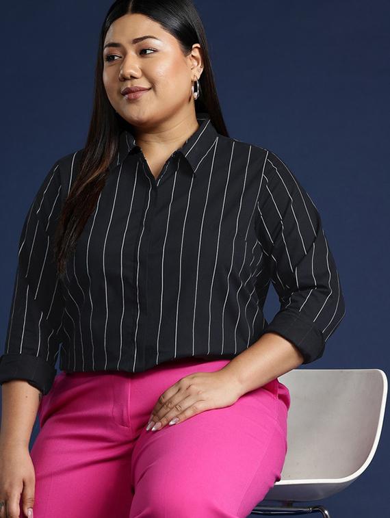 women plus size striped collared long sleeve shirt - 22038492 - Zoom Image - 0