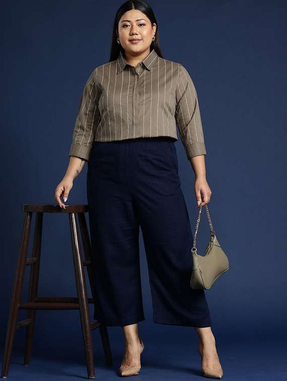 women plus size striped collared long sleeve shirt - 22038504 -  Standard Image - 3