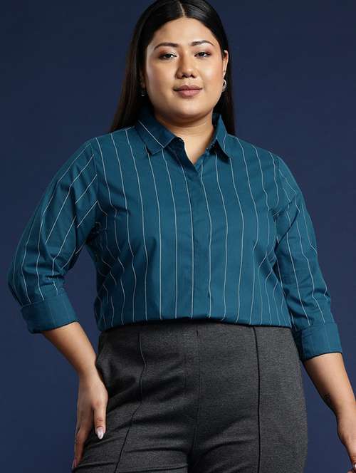 women plus size striped collared long sleeve shirt - 22038506 -  Standard Image - 0