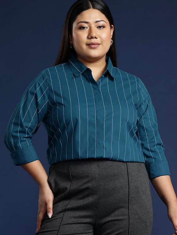 women plus size striped collared long sleeve shirt - 22038506 -  Zoom Image - 0
