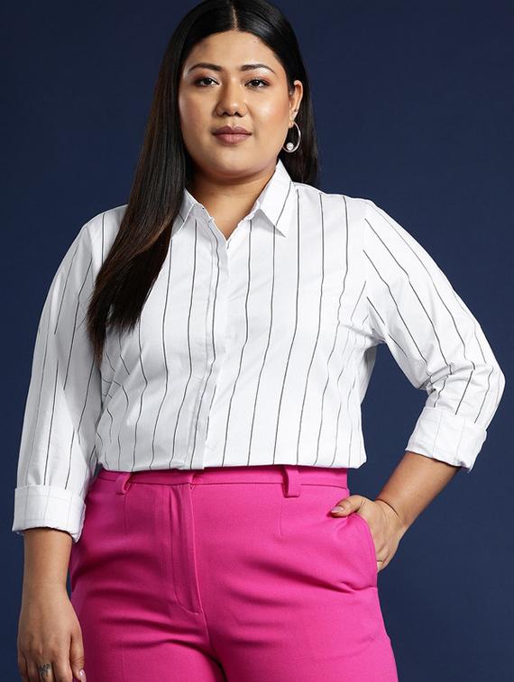 women plus size striped collared long sleeve shirt - 22038508 - Zoom Image - 0