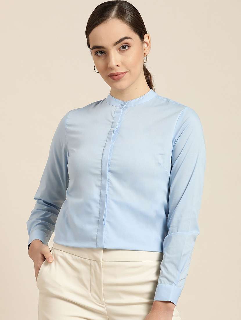 women solid mandarin collared long sleeve shirt