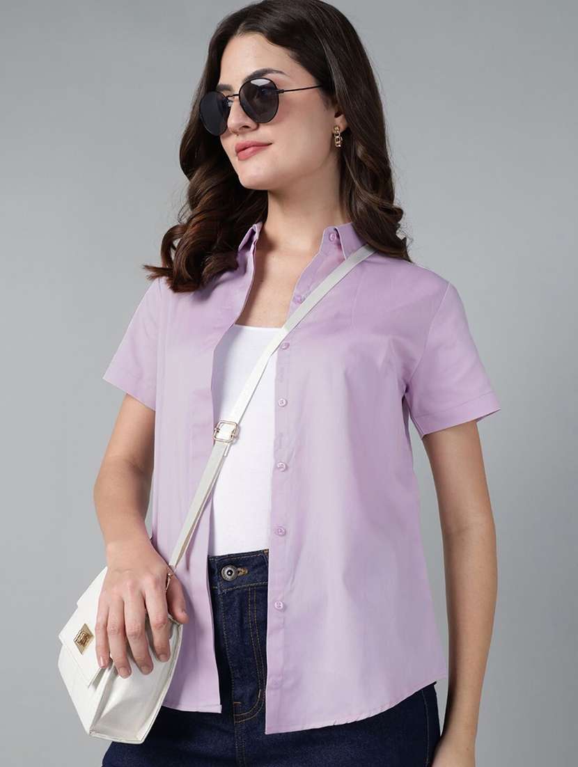 women solid collared short sleeve shirt