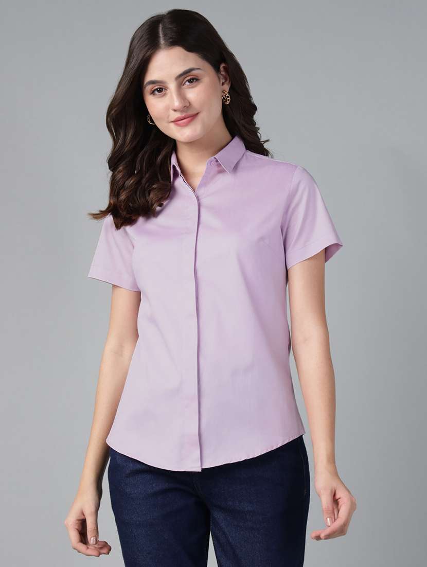 women solid collared short sleeve shirt - 22038517 -  Zoom Image - 0