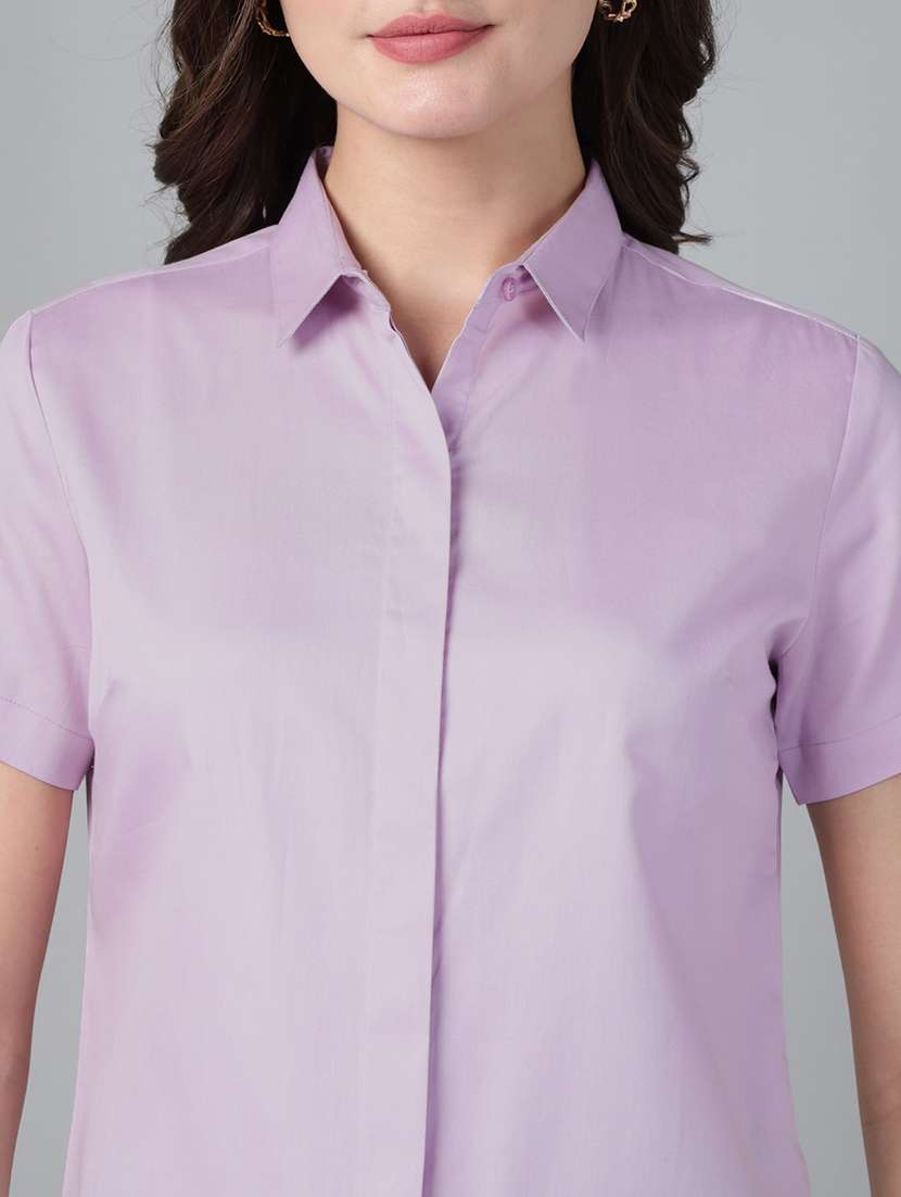 women solid collared short sleeve shirt - 22038517 -  Standard Image - 3