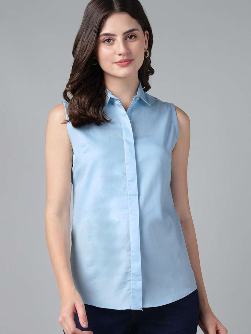 women solid collared sleeveless shirt - 22038524 - Zoom Image - 0