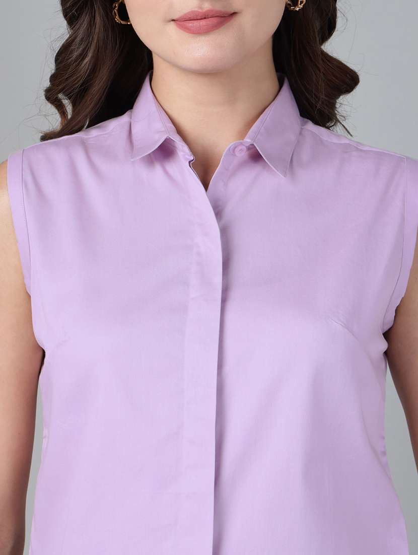 women solid collared sleeveless shirt - 22038525 - Standard Image - 3