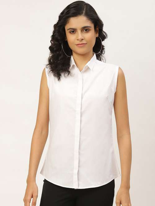 women solid collared sleeveless shirt - 22038526 -  Standard Image - 0