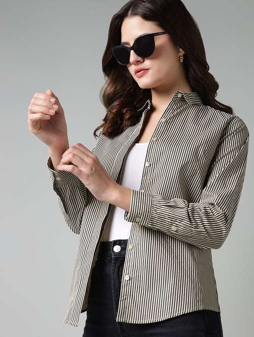 women striped collared long sleeve shirt - 22038540 -  Standard Image - 0