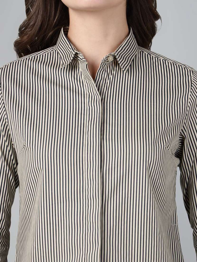 women striped collared long sleeve shirt - 22038540 - Standard Image - 3