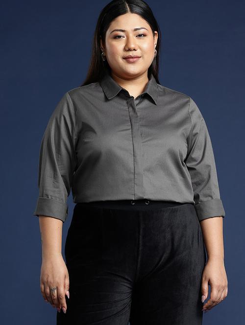 women plus size solid collared long sleeve shirt - 22038554 - Standard Image - 0