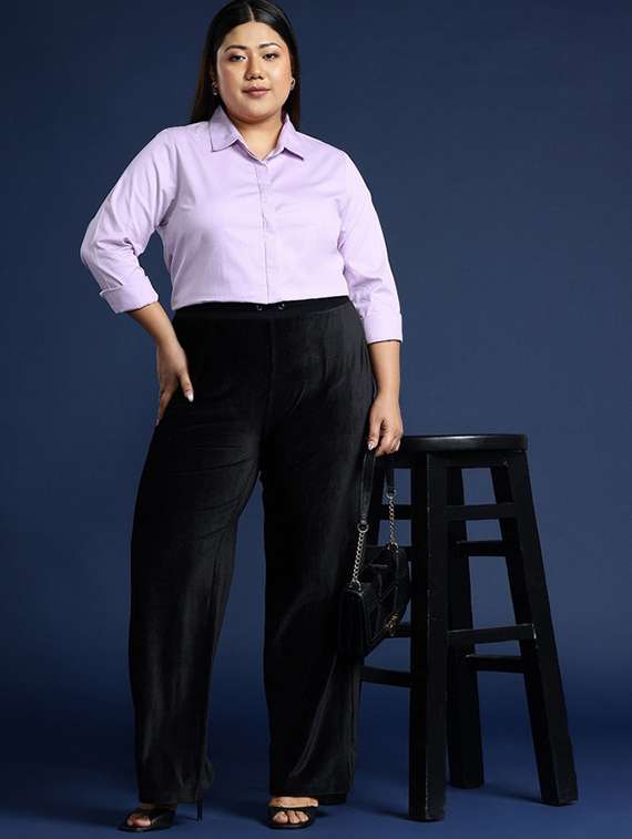 women plus size solid collared long sleeve shirt - 22038557 -  Standard Image - 3