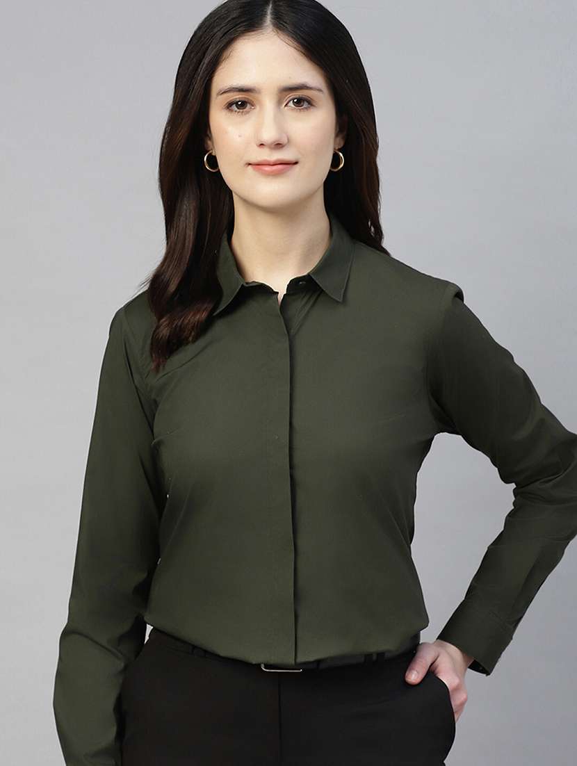 women solid collared long sleeve shirt