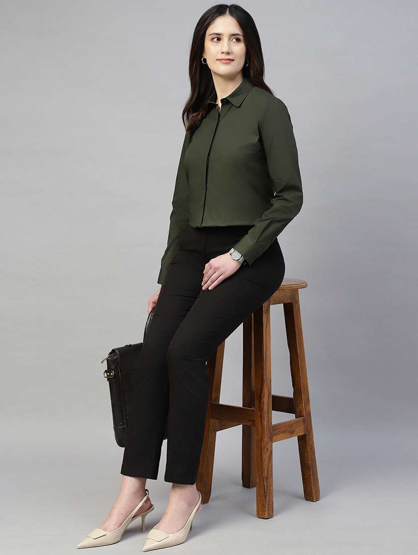 women solid collared long sleeve shirt - 22038560 -  Standard Image - 5