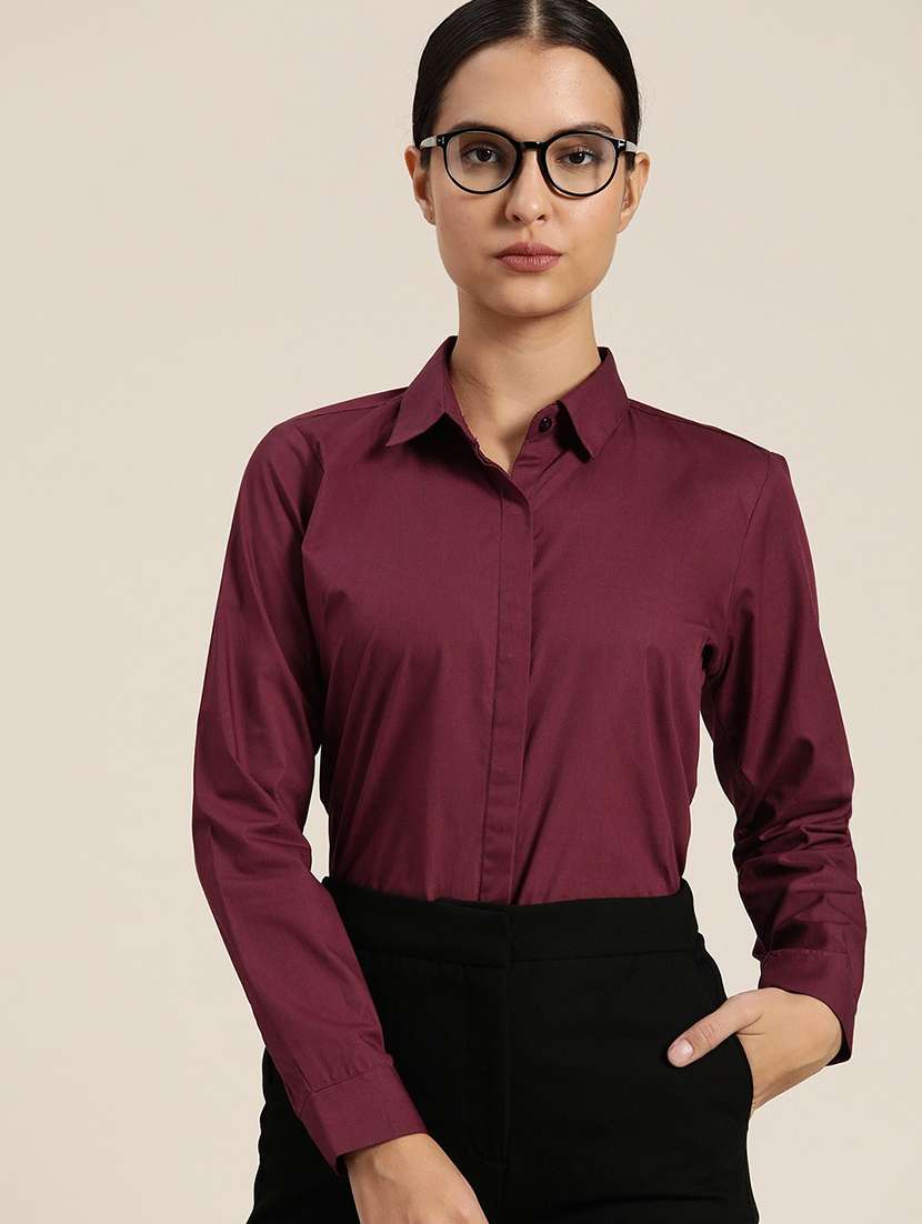 women solid collared long sleeve shirt - 22038564 -  Zoom Image - 0