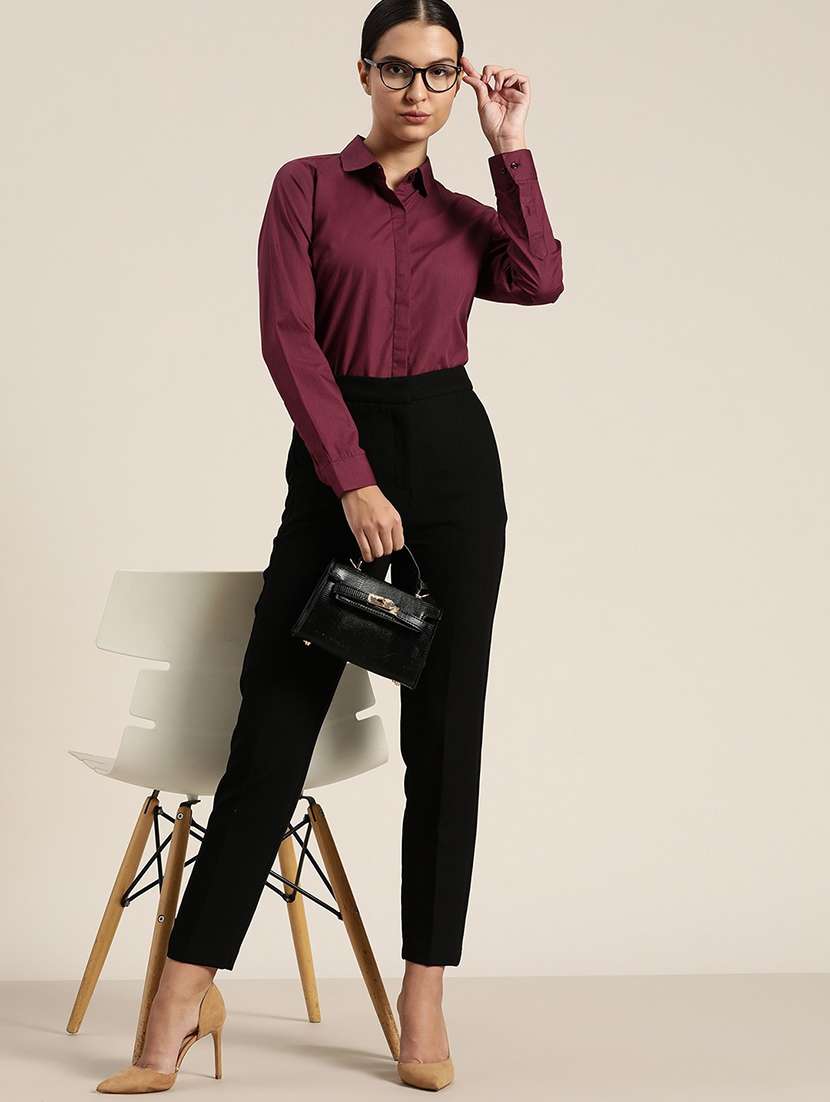 women solid collared long sleeve shirt - 22038564 -  Standard Image - 3