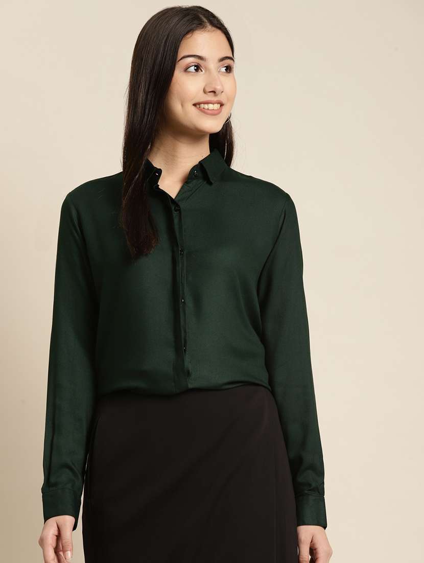 women solid collared long sleeve shirt