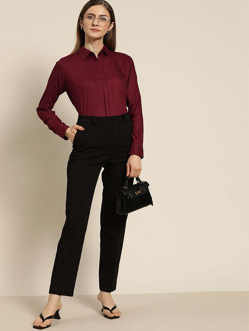 women solid collared long sleeve shirt - 22038575 -  Standard Image - 3
