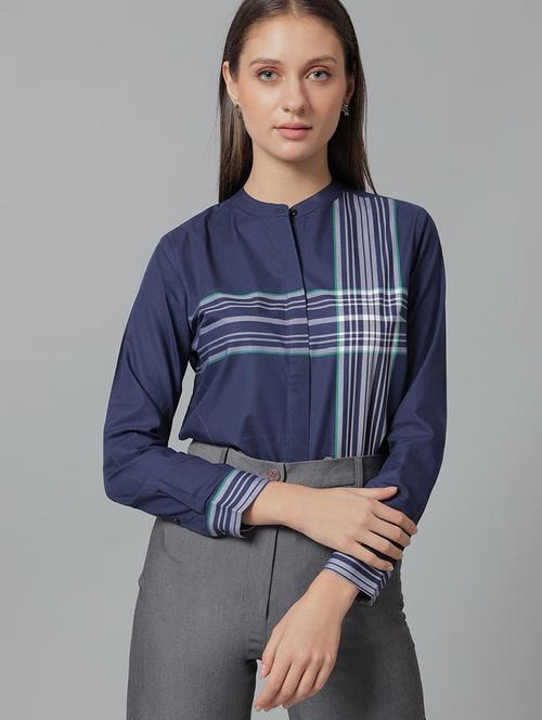 women striped mandarin collared long sleeve shirt - 22038592 - Standard Image - 0