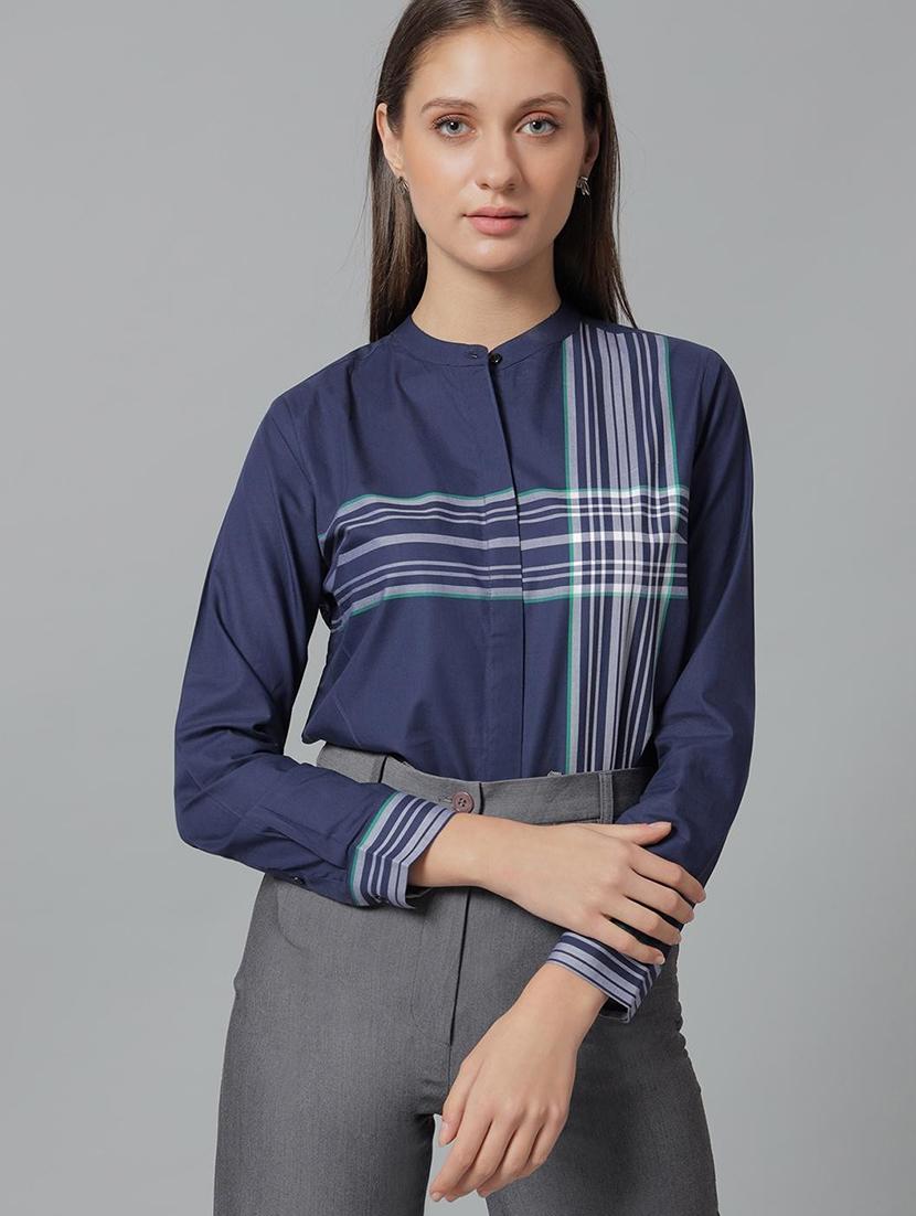 women striped mandarin collared long sleeve shirt - 22038592 - Zoom Image - 0