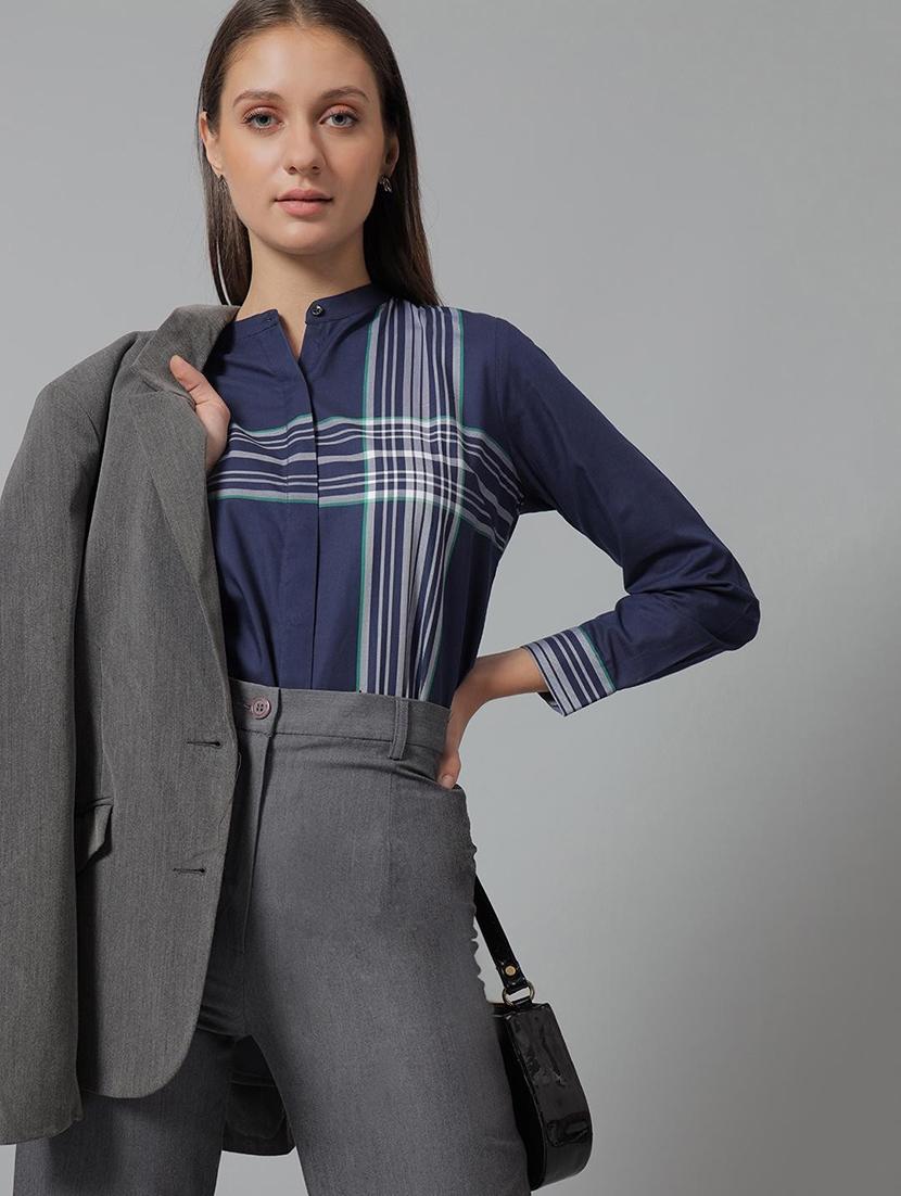 women striped mandarin collared long sleeve shirt - 22038592 - Standard Image - 3