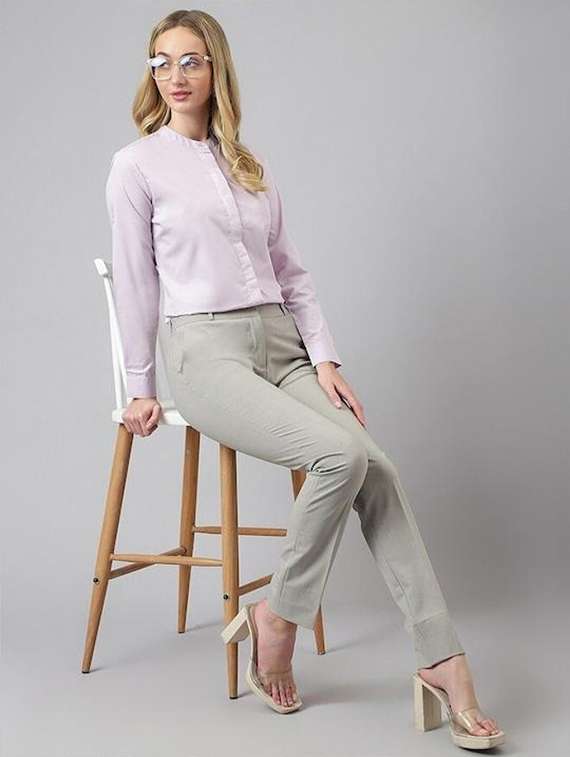 women solid mandarin collared long sleeve shirt - 22038594 -  Standard Image - 3