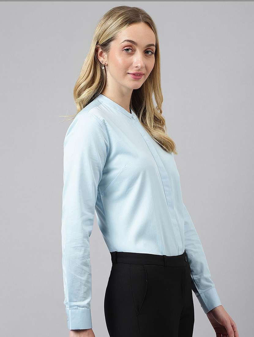 women solid mandarin collared long sleeve shirt - 22038595 -  Standard Image - 3