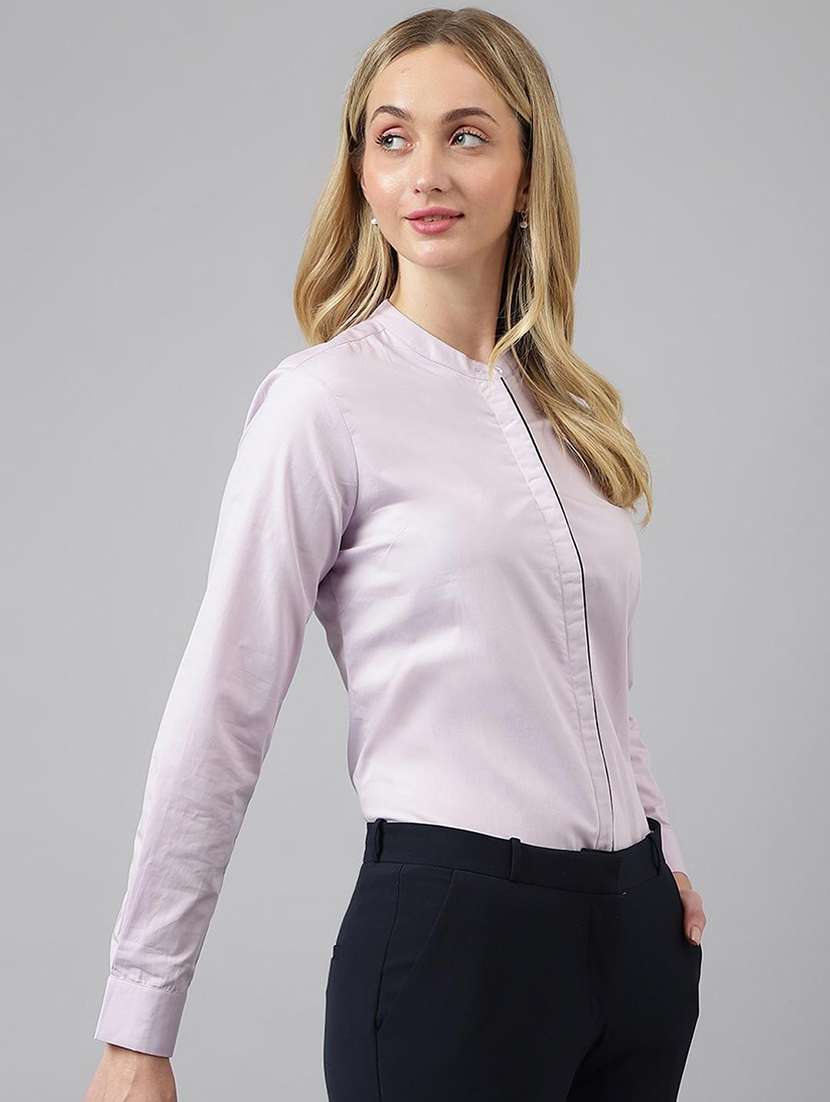 women solid mandarin collared long sleeve shirt - 22038597 -  Standard Image - 3