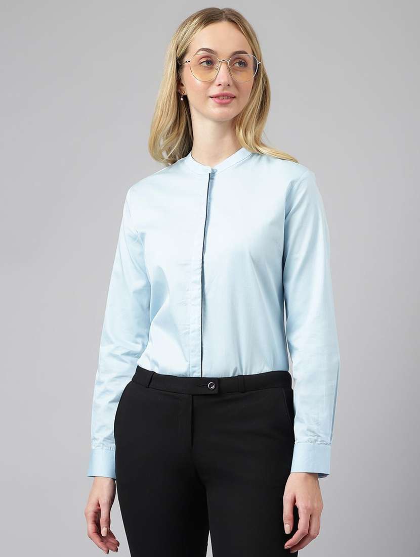 women solid mandarin collared long sleeve shirt