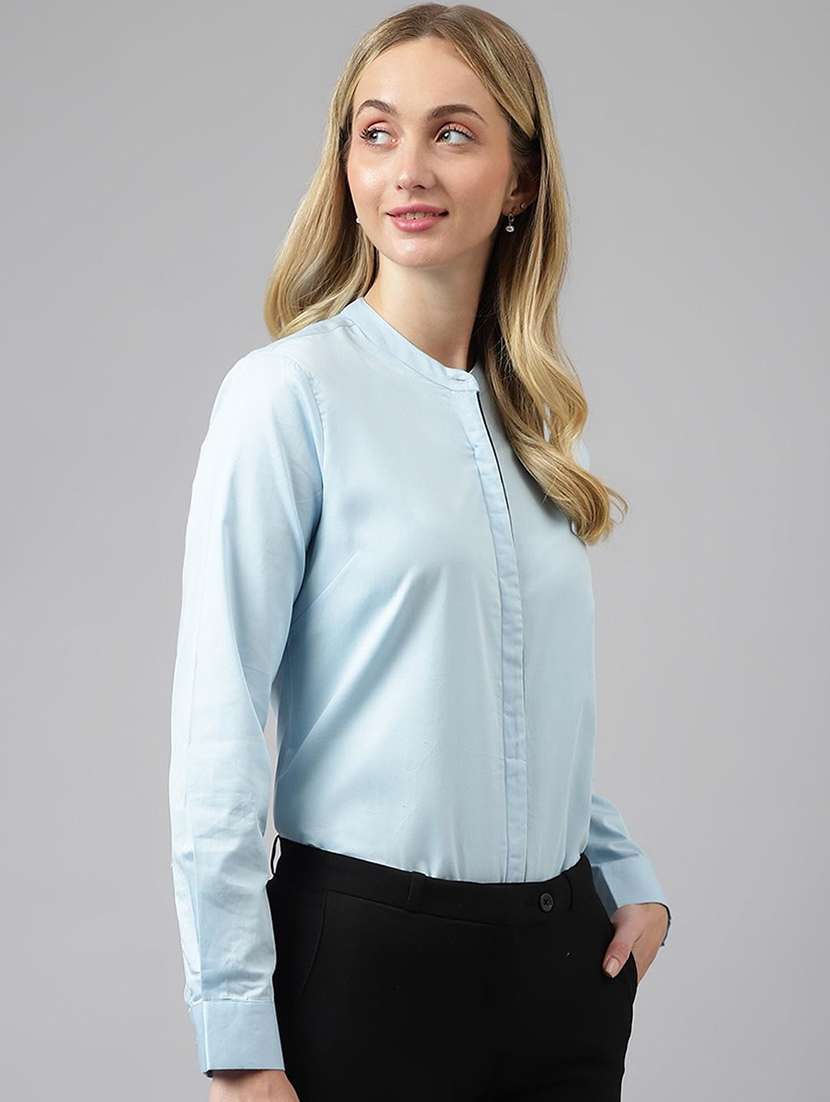 women solid mandarin collared long sleeve shirt - 22038598 -  Standard Image - 3