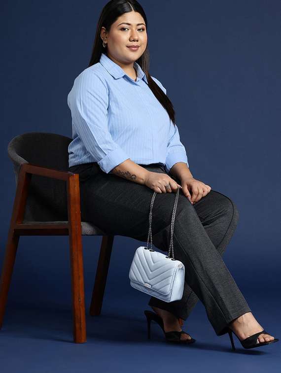 women striped collared long sleeves regular shirt - 22038601 -  Standard Image - 3