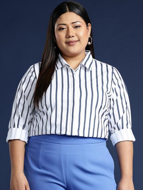 women striped collared long sleeves regular shirt - 22038605 - Standard Image - 0