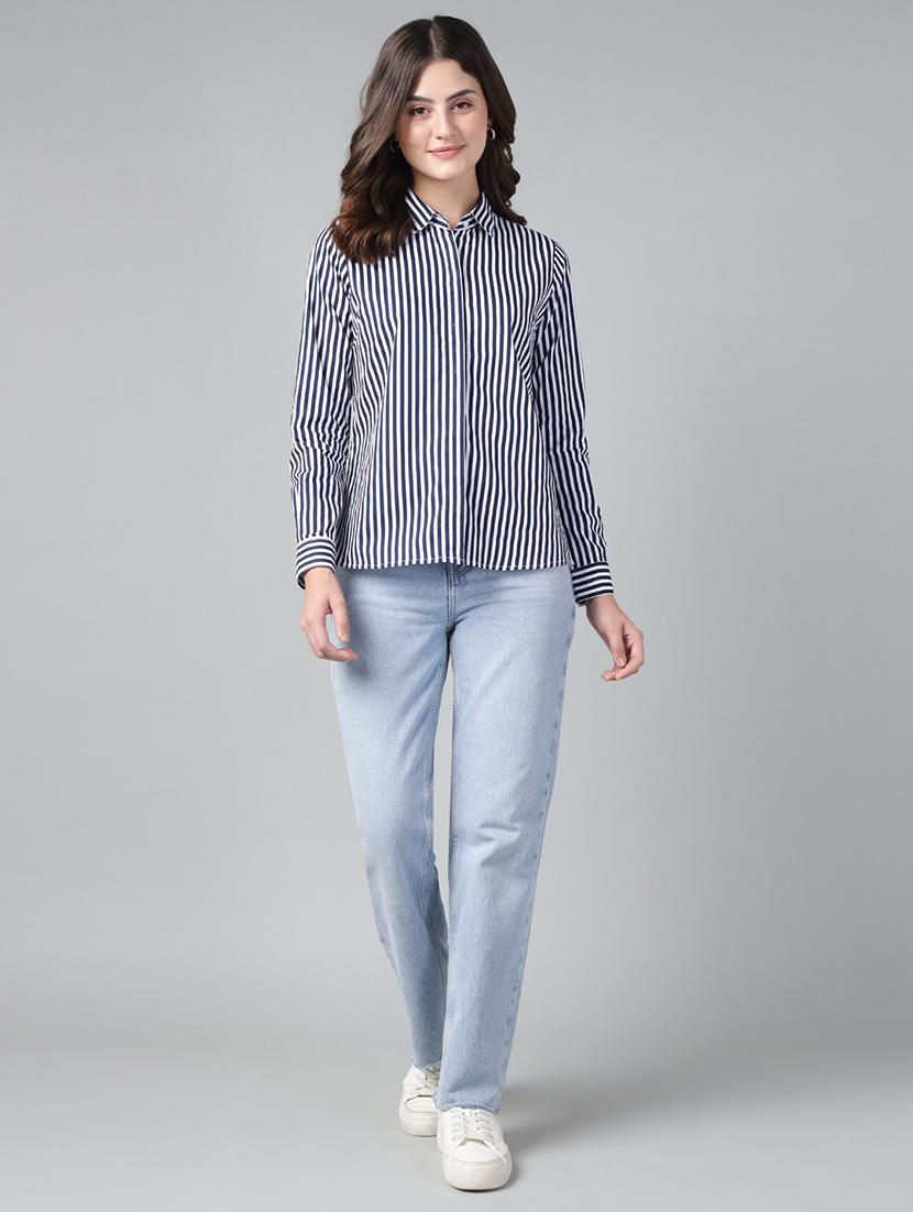 women striped collared long sleeve shirt - 22038606 - Standard Image - 3