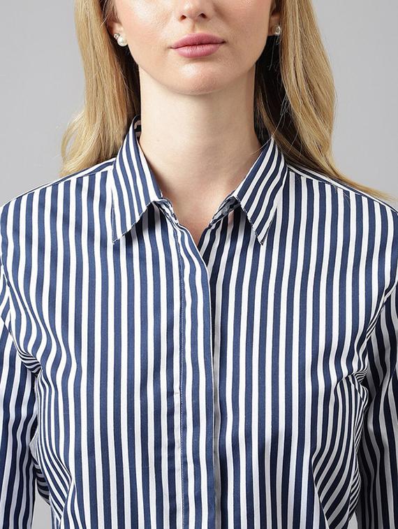 women striped collared long sleeves regular shirt - 22038607 - Standard Image - 3