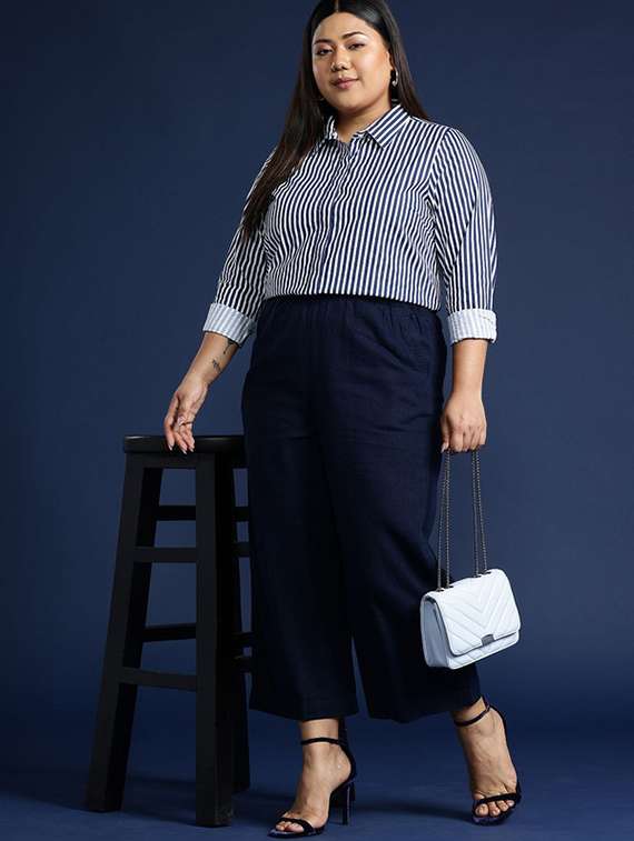 women striped collared long sleeves regular shirt - 22038608 -  Standard Image - 3