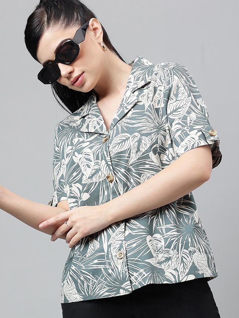 women printed lapel collar short sleeve shirt - 22038618 - Zoom Image - 0