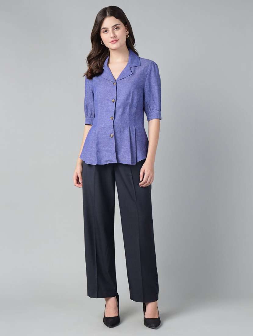 women solid lapel collar regular fit shirt - 22038621 - Standard Image - 3