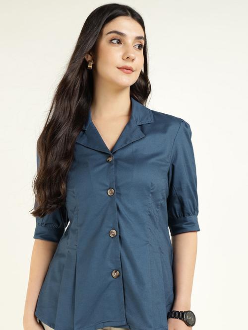 women solid lapel collar regular fit shirt - 22038622 - Standard Image - 0