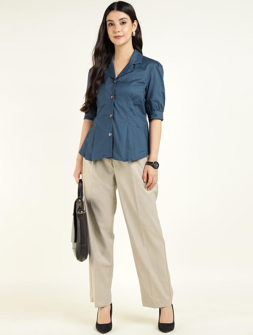 women solid lapel collar regular fit shirt - 22038622 - Standard Image - 5